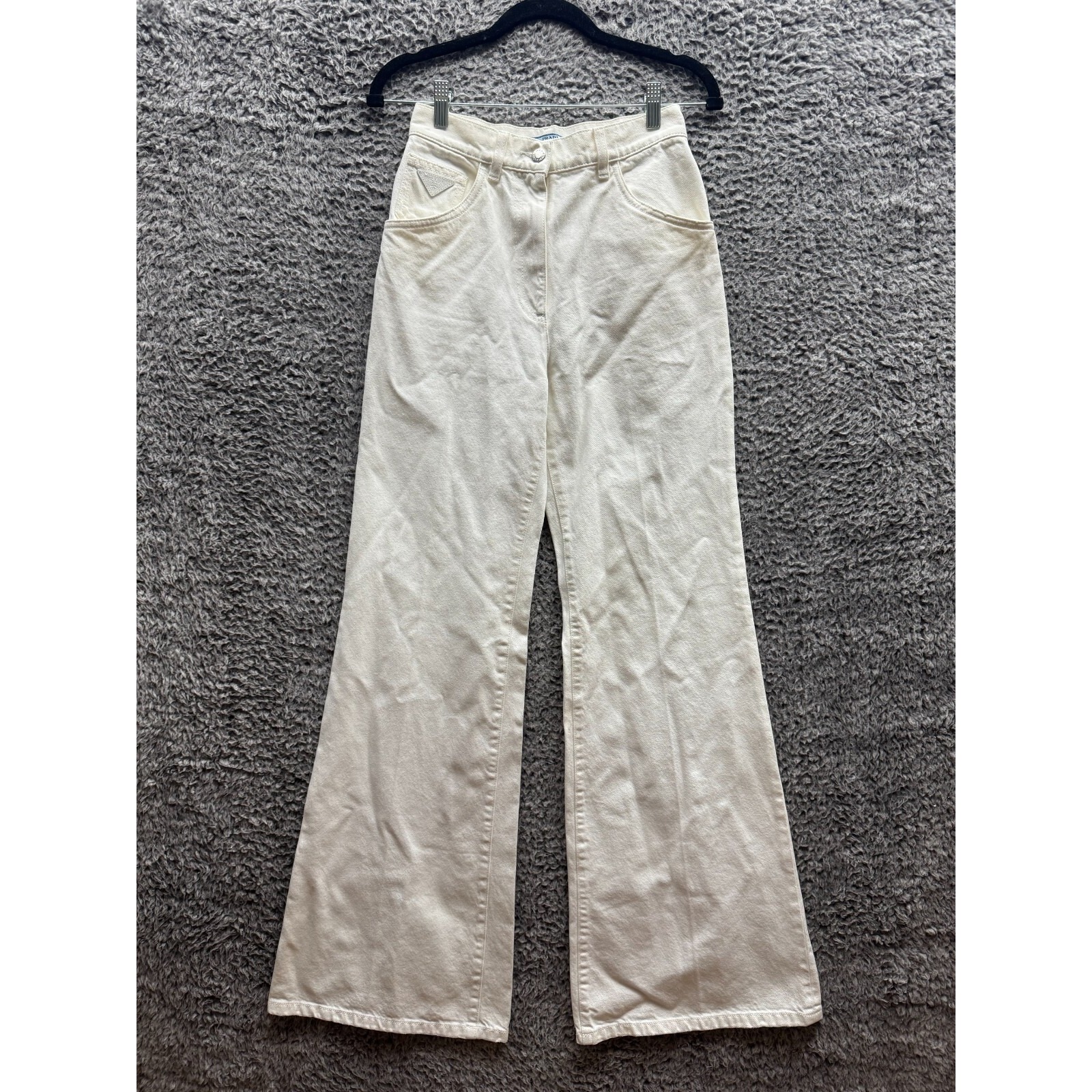 Prada Womens Ivory High Rise Minimalist Classic Wide Leg Flare Fit Jeans Size 25